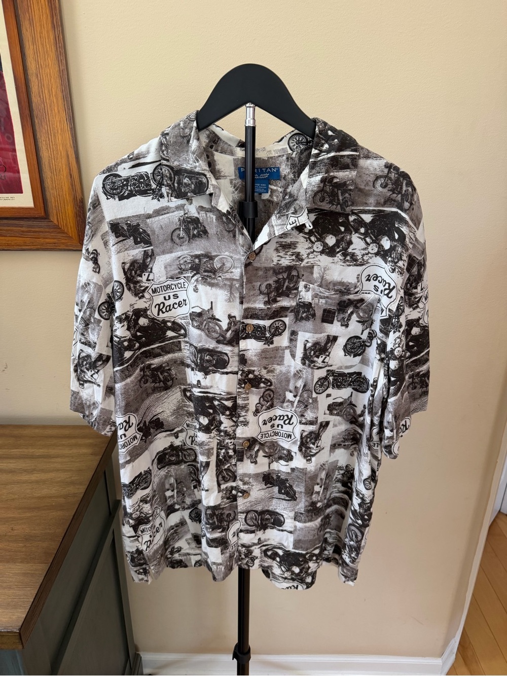 Vintage Puritan Rayon Button Up Shirt Men’s Large Motorcycle Print
